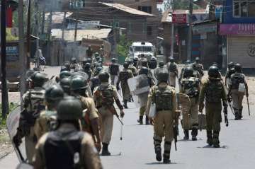 Security personnel patrolling in Srinagar on Saturday