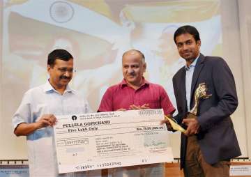 Kejriwal and Sisodia with P Gopichand