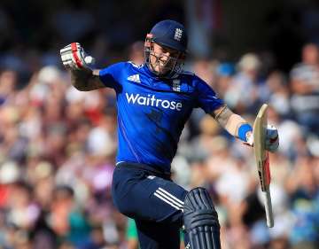 England's Alex Hales celebrates his century