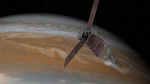 This illustration depicts NASA's Juno spacecraft approaching Jupiter.