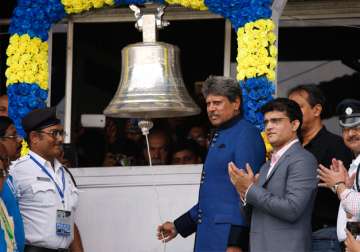 Kapil Dev rings a Lords like bell, installed at the Eden Gardens stadium.

