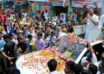 Congress vice president Rahul Gandhi during his kisan yatra in Jhansi on Sunday