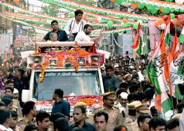 Rahul Gandhi at a road-show in Lucknow on Friday