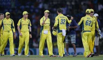 Australian team celebrate victory over Sri Lanka in first twenty20 