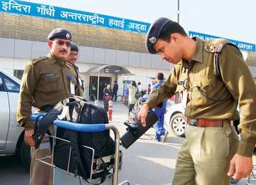 Delhi Police checking luggage at IGI airport