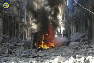 Damaged buildings after airstrikes by government on the rebel-held Aleppo