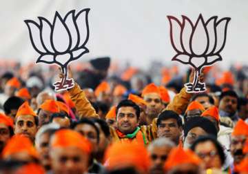 File pic - A BJP worker displays party's symbols at a rally.