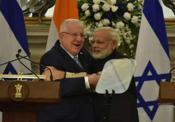 PM Modi with President Reuven Rivlin at joint media briefing in Hyderabad House.