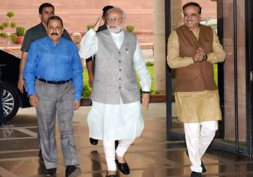 PM Modi with Ministers Ananth Kumar and Jitendra Singh at Parliament House.
