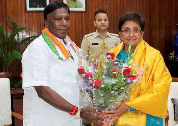 Puducherry CM Narayanswamy with Lt. Governor Kiran Bedi