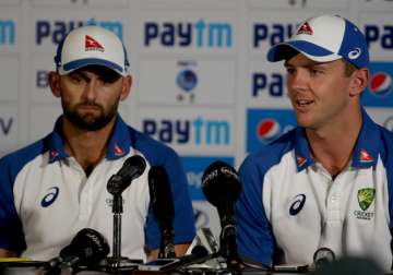 Nathan Lyon and Josh Hazlewood of Australia during a press conference in Pune