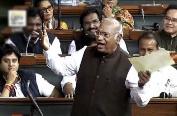 Congress leader Mallikarjun Kharge speaks in the Lok Sabha on Monday