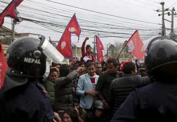 Nepalese students shout slogans against India near Indian Embassy in Kathmandu