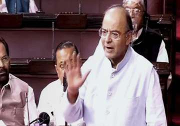 Jaitley speaks in the Rajya Sabha in New Delhi on Thursday