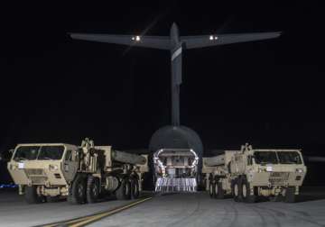 Trucks carrying US missile launchers at Osan air base in Pyeongtaek