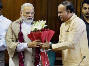 PM being greeted by Ananth Kumar to thank him for passage of the OBC bill in LS