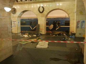 A subway train hit by an explosion in St Petersburg