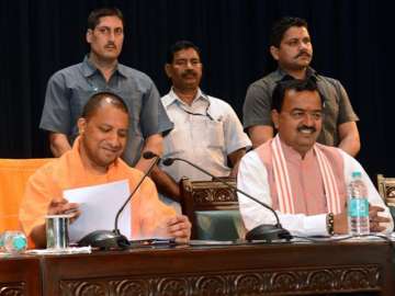 File pic of CM Yogi and his Deputy at a high-level meeting in Lucknow 