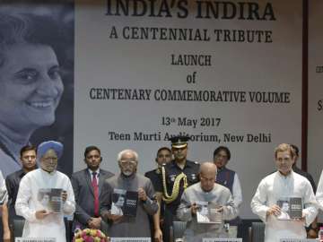 Pranab Mukherjee during the launch of a commemorative volume on Indira Gandhi