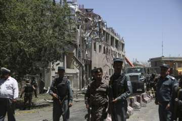 Security forces near the site of a suicide attack in Kabul