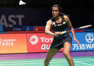 PV Sindhu plays a shot during Sudirman Cup 