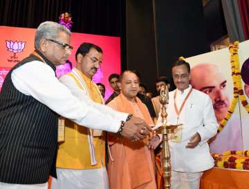 Yogi Aditiyanath at the BJP State Executive Meeting in Lucknow on Monday
