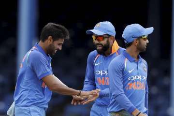 Team India celebrates a wicket against West Indies.