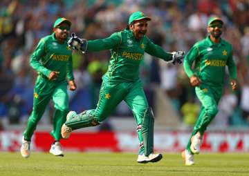 Pakistan captain Sarfraz Ahmed celebrates the win over India.