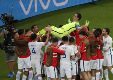 Chile players celebrate their win against Portugal in Confederations Cup.