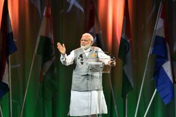 Narendra Modi addressing Indian diaspora in the Netherlands 