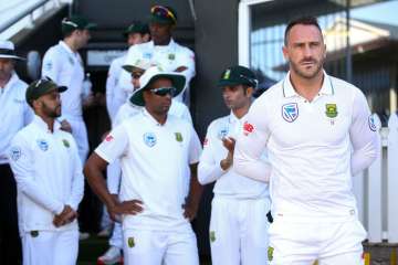 Faf du Plessis of South Africa looks on during the match