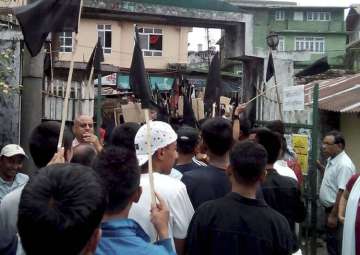 GJM supporters waving black flags on the streets of Darjeeling on Thursday