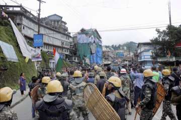 Security personnel during a protest by GJM in Darjeeling Hills on Tuesday