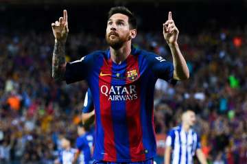  Lionel Messi of FC Barcelona celebrates after scoring a goal