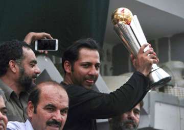 Sarfraz Ahmed shows the ICC Champions Trophy 2017 in Karachi.