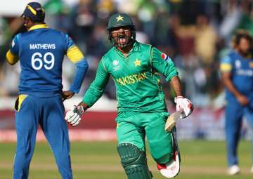 Sarfraz Ahmed celebrates after hitting the winning runs against Sri Lanka.