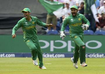 Pakistan captain Sarfraz Ahmed celebrates after beating England ICC CT semis.