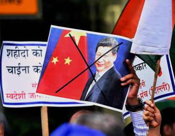 Protest against China near Chinese embassy in New Delhi on Tuesday. 