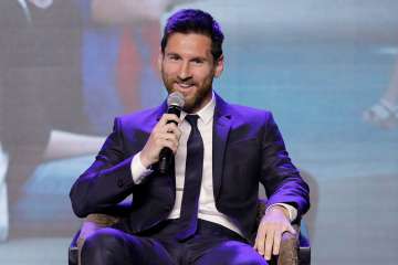 Barcelona's striker Lionel Messi speaks during a news conference