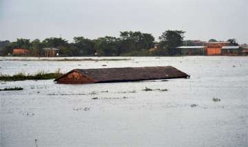 An inundated village at Suprakandhi in flood-hit Karimganj district of Assam