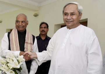 Naveen Patnaik greets Ram Nath Kovind at a meeting at Odisha Assembly