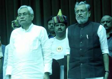 Nitish Kumar and Sushil Modi at Raj Bhavan in Patna