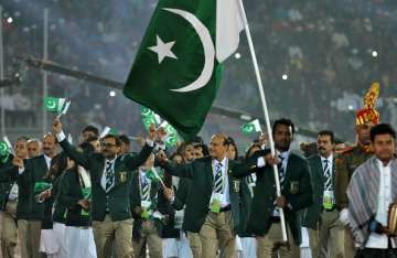 Pakistan athletes march during the opening ceremony of 12th South Asian Games