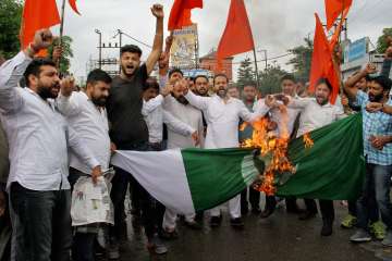 People burning Pak flag following attack on Amarnath Yatris