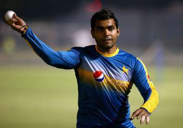 Umar Akmal of Pakistan in action during a net session