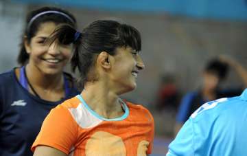 Vinesh Phogat takes part in a practice session at a Sports Authority of India