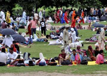 Followers of Dera Sacha Sauda chief Gurmit Ram Rahim gather at a Panchkula park