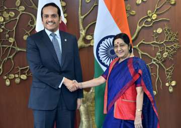 Sushma Swaraj greets Qatar's Foreign Affairs Minister Abdul Rahman Al-Thani