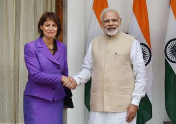 PM Modi and Swiss Prez Doris Leuthard during a meeting at Hyderabad House