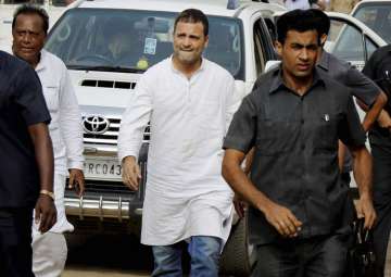 File pic - Rahul Gandhi arrives to visit flood affected areas of Runi village